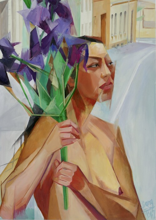 Bian-Harbort, Frau mit Irisblume